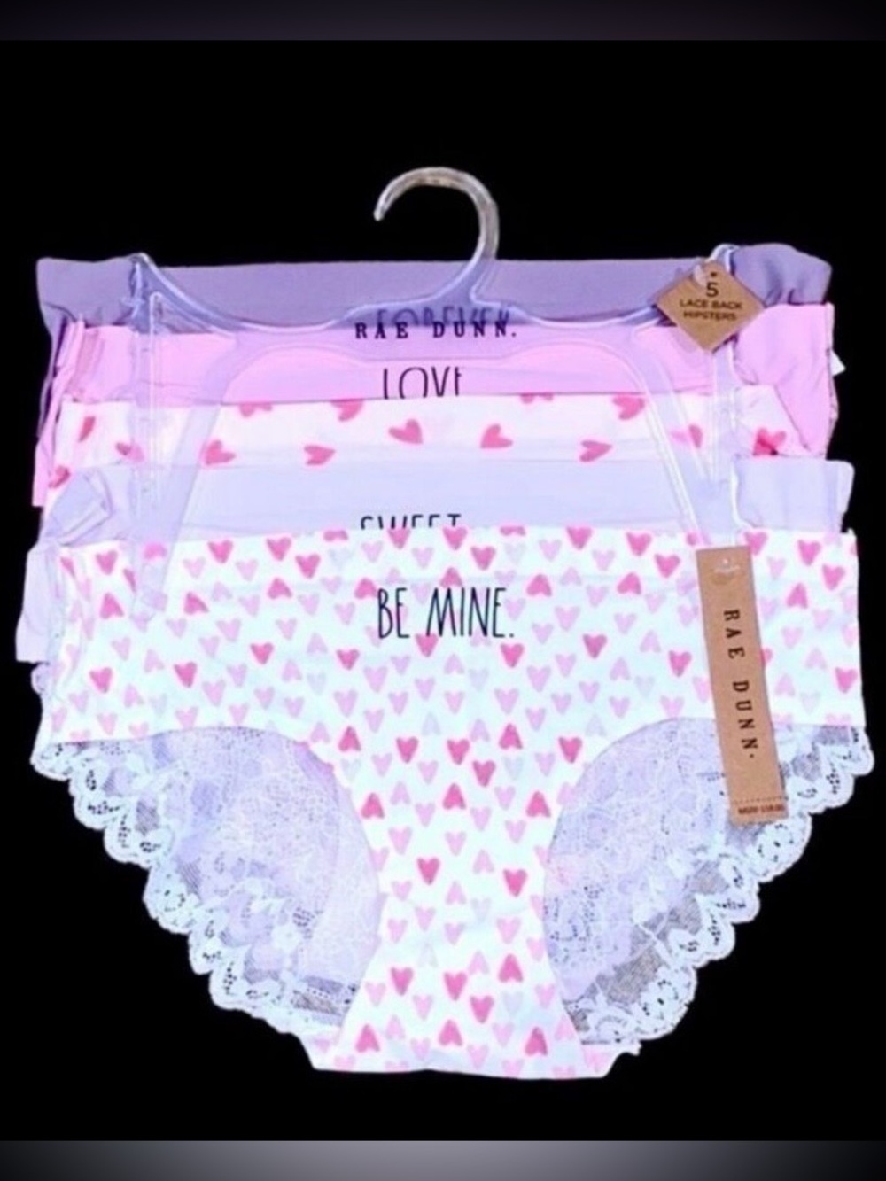 NWT Rae Dunn L Pack of 5 Love Hearts Sweet Pink Lilac Lace Back Hipster Panty